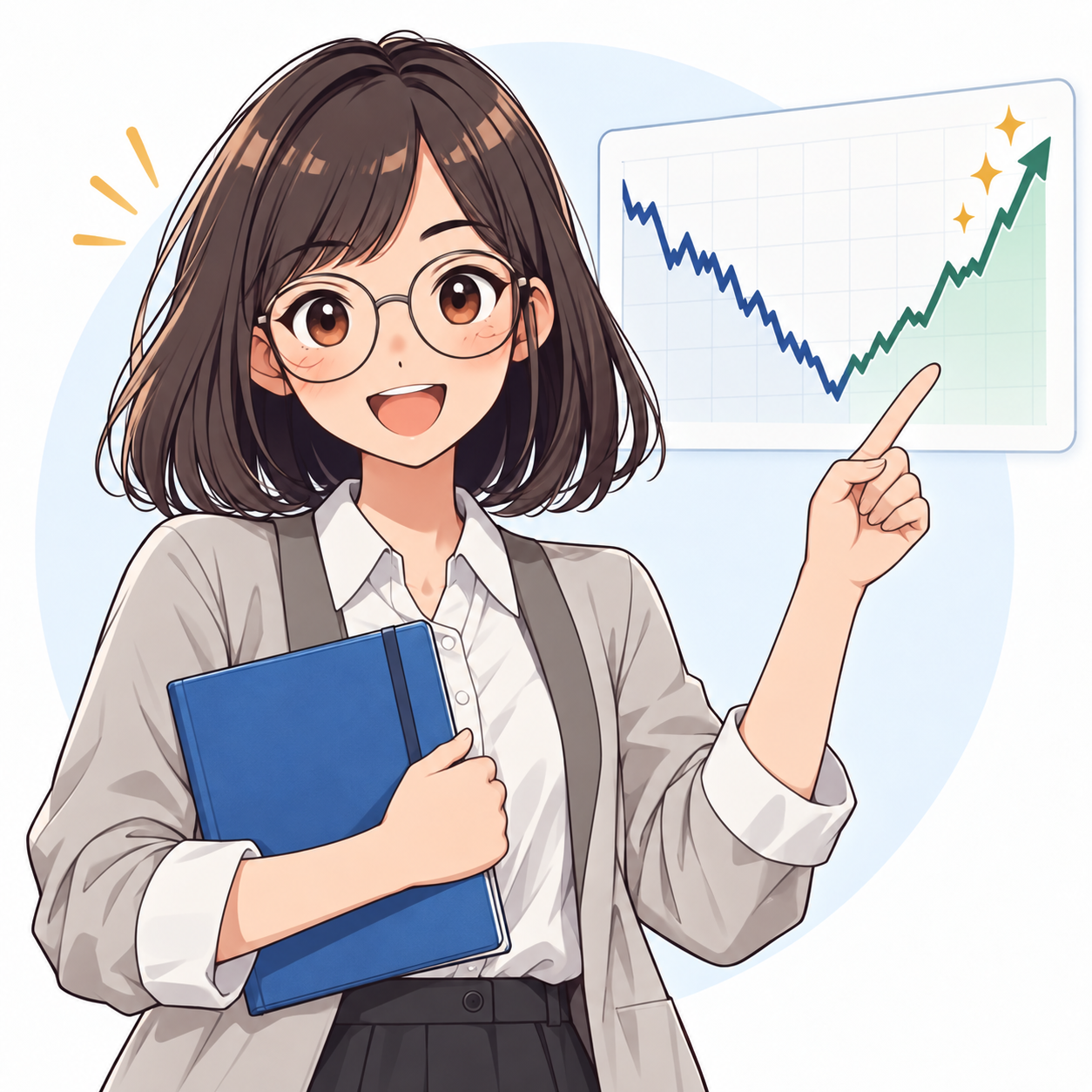 A confident female financial analyst smiles brightly and points at a stock chart showing a strong recovery after a major decline, indicating a highly attractive Falling Angel investment opportunity.