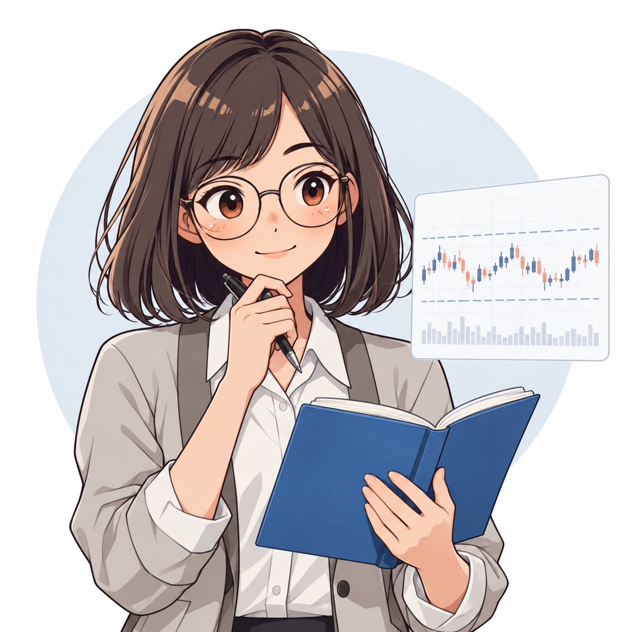 A calm female financial analyst studies an open blue notebook and a sideways-moving stock chart, indicating a neutral market day with no clear buy or sell signal.