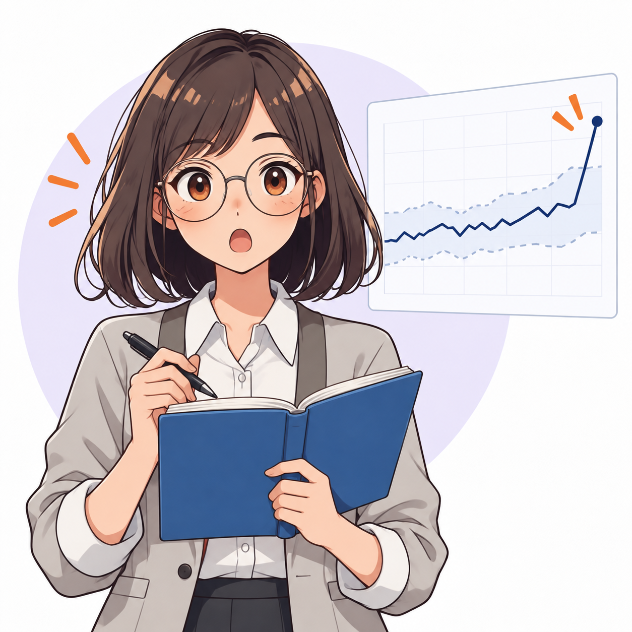 A surprised female financial analyst pauses with her pen above an open blue notebook as a stock chart suddenly breaks far above its expected range, indicating an unexpected result that needs immediate review.